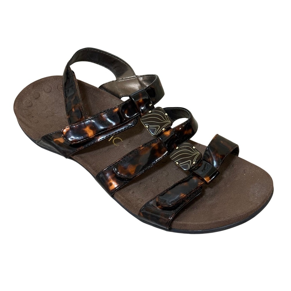 Vionic Women Amber Sandal 9 Brown Tortoiseshell Patent Orthotic Comfort Casual